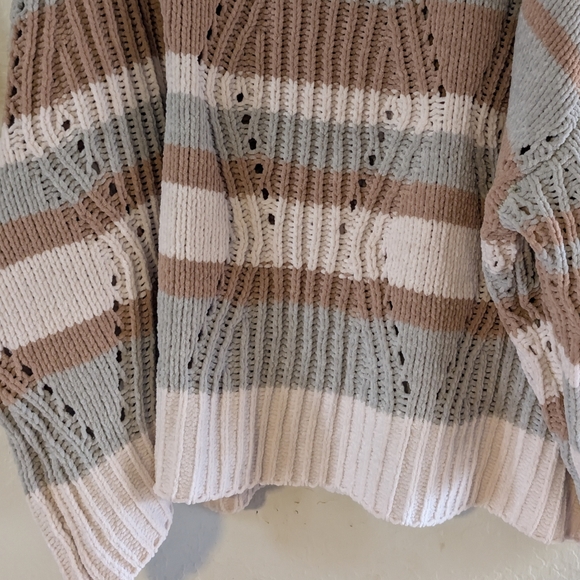 POL V-Neck Striped Sweater -Desert Sage Camel& Cream Cozy Soft Dropped Shoulder - Picture 5 of 13